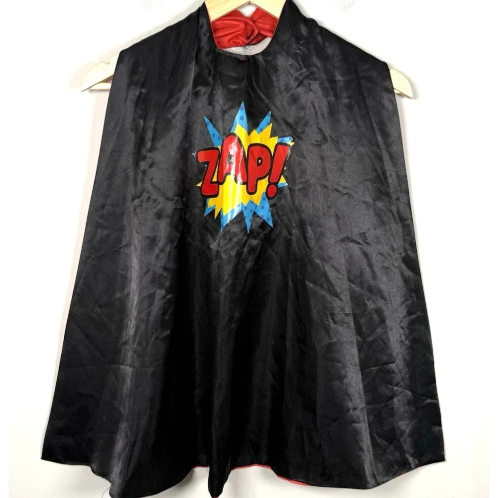Creative Play Black Satin Superhero Cape Red Trim Kids Costume ZAP! Reversible